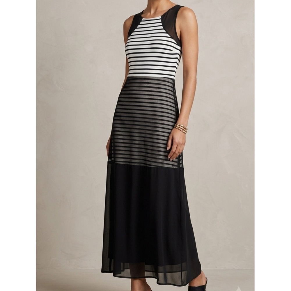Gianni Bini Black White Striped Mesh Panel Sleeveless Maxi Dress Large L